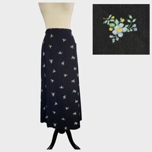 VTG Y2K Fairy Grunge Gothic Black Floral‎ Linen Blend Maxi Skirt 14 NEW Romantic